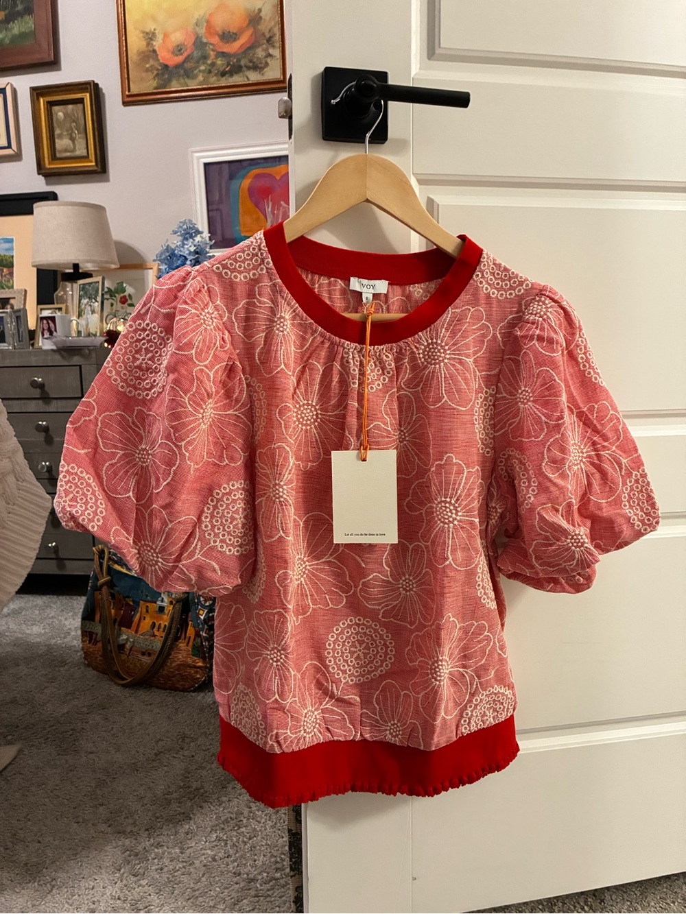 Ivory & Red Floral Puff-Sleeve Blouse by Ivoy